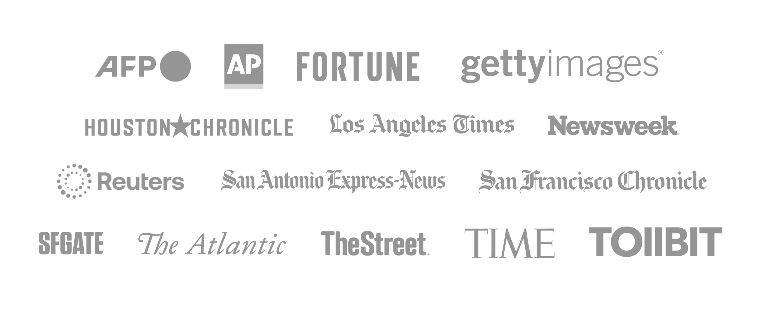 AFP, AP, Fortune, gettyimages, Houston Chronicle, Los Angeles Times, Newsweek, Reuters, San Antonie Express-News, San Francsico Chronicle, SFGATE, The Atlantic, TheStreet, Time, TOIIBIT