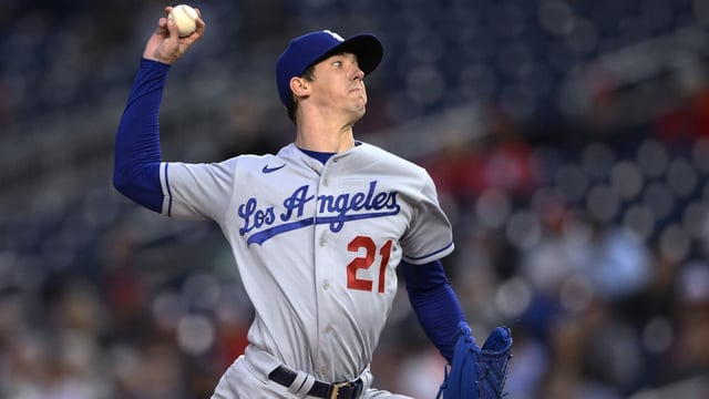 FILE - Los Angeles Dodgers starting pitcher Walker Buehler throws to a Washington Nationals batter during a baseball game May 24, 2022, in Washington. Buehler said Wednesday, Sept. 13, 2023, he shut down his comeback from Tommy John surgery this season because he wasn't recovering well after a rehab start. The right-hander tossed two scoreless innings in a rehab appearance on Sept. 3 for Triple-A Oklahoma City. (AP Photo/Nick Wass, File)