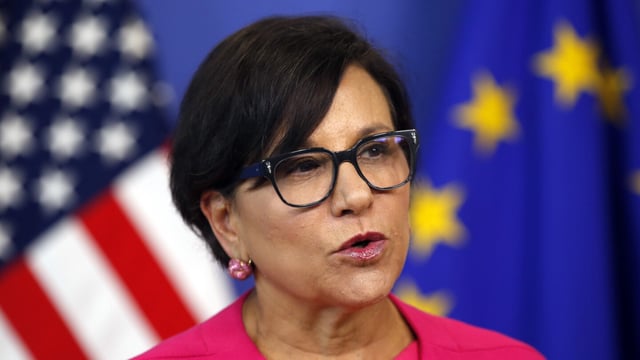 FILE - Then-U.S. Secretary of Commerce Penny Pritzker speaks during a news conference in the Commission Berlaymont building in Brussels, Belgium on July 12, 2016. The Biden administration has tapped former Commerce Secretary and major Democratic donor Penny Pritzker to coordinate U.S. efforts to channel private sector reconstruction assistance to Ukraine. (AP Photo/Darko Vojinovic, File)