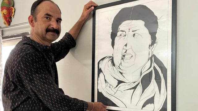 Artist Milind Dhawle creates a unique portrait of Lata Mangeshkar, using the lyrics of 90 songs sung by the singer. 