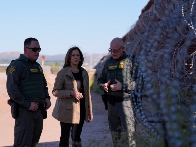 Democratic presidential nominee Vice President Kamala Harris talks with John Modlin, the chief patrol agent for the Tucson Sector of the U.S. Border Patrol, right, and Blaine Bennett, the U.S. Border Patrol Douglas Station border patrol agent in charge, as she visits the U.S. border with Mexico in Douglas, Ariz., Friday, Sept. 27, 2024. (AP Photo/Carolyn Kaster)