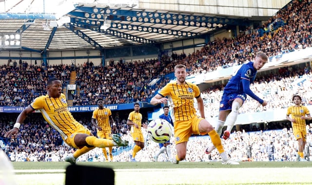 Chelsea's Cole Palmer scores their fourth goal against Brighton & Hove Albion at Stamford Bridge in London, on September 28, 2024.