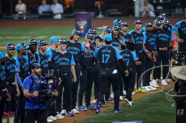 The National League lines up before the game during the 2024 MLB All-Star game at Globe Life Field.