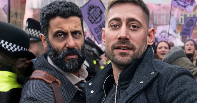 Michael Socha as Justin and Adeel Akhtar as Sam in Showtrial. They are both looking at the camera, Sam is holding Justin back and there is a protest with police surrounding it going on behind them