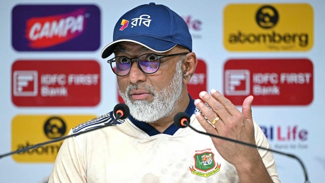 Bangladesh's head coach Chandika Hathurusingha speaks during a press conference after India beat Bangladesh 2-0
