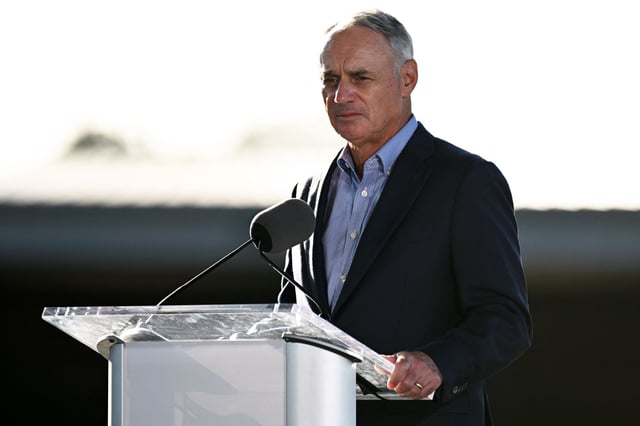 Feb 16, 2023; Dunedin, FL, USA; Major League Baseball commissioner Rob Manfred speaks to the media at the Grapefruit League Media Day. Mandatory Credit: Jonathan Dyer-USA TODAY Sports/File Photo