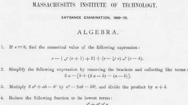 The test, which has the words Massachusetts Institute of Technology written on top of it, shows the algebra section of the question paper.