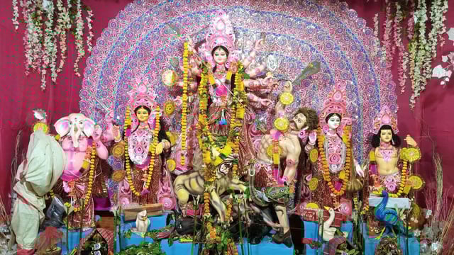 Goddess Durga is worshipped on Durga Puja, along with her four children.