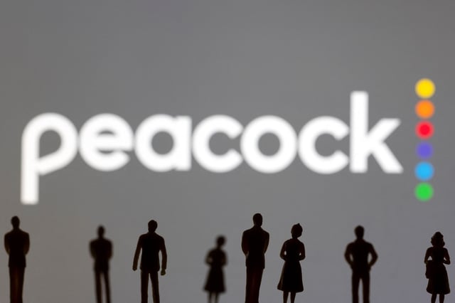 Toy figures of people are seen in front of the displayed Peacock logo, in this illustration taken January 20, 2022. REUTERS/Dado Ruvic/Illustration/File Photo