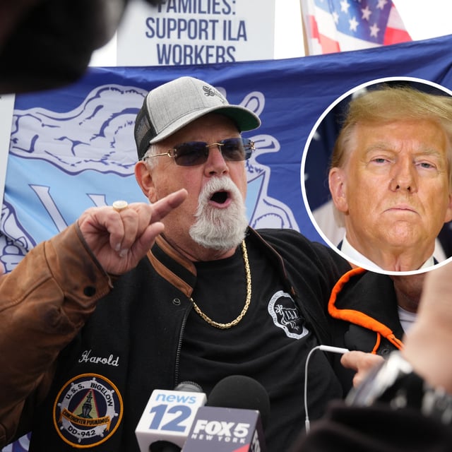 Harold J. Daggett, president of the International Longshoremen's Association speaks as dockworkers at the Maher Terminals in Port Newark are on strike on October 1, 2024 in New Jersey. Former U.S. President Donald Trump speaks to the media at one of his properties, 40 Wall Street, following closing arguments at his civil fraud trial on January 11, 2024 in New York City. Daggett's relationship with Trump came under criticism on Tuesday after the port strike went into place.