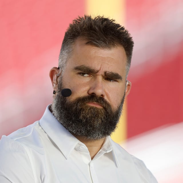 ESPN analyst Jason Kelce broadcasts from the field before the game between the San Francisco 49ers and New York Jets at Levi's Stadium on September 09, 2024 in Santa Clara, California. The retired NFL player just teased a Christmas crossover with a rock legend and fans are freaking out.