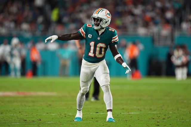 Sep 12, 2024; Miami Gardens, Florida, USA; Miami Dolphins wide receiver Tyreek Hill (10) lines up prior to a play during the second half against the Buffalo Bills at Hard Rock Stadium. Mandatory Credit: Jasen Vinlove-Imagn Images/File Photo