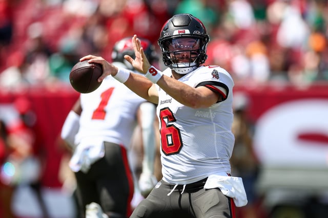 Tampa Bay Buccaneers quarterback Baker Mayfield drops back to pass against the Philadelphia Eagles at Raymond James Stadium.