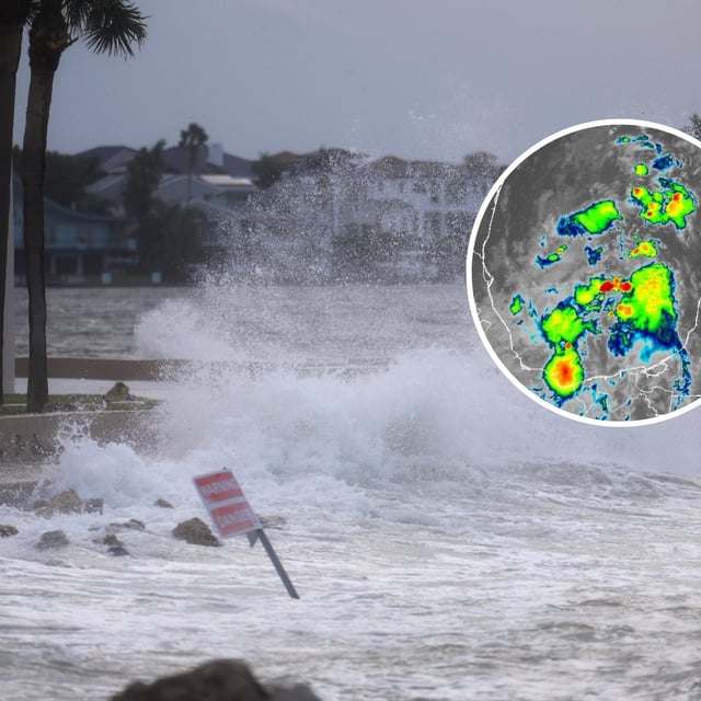 Waves from the Gulf of Mexico crash on shore as Hurricane Helene churns offshore on Sept. 26, 2024, in St. Pete Beach, Florida (Main) and IR image of the tropical system developing over the Gulf of Mexico (Inset). With many areas still reeling from Hurricane Helene, another system could be on its way.