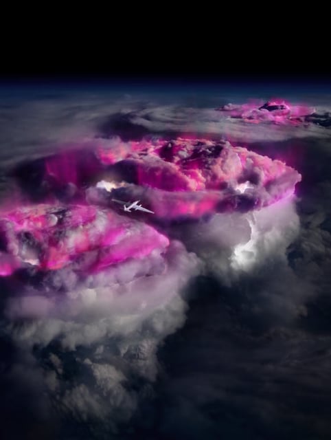 NASA’s high-flying ER-2 airplane carries instrumentation in this artist’s impression of the Airborne Lightning Observatory for Fly’s Eye Geostationary Lightning Mapper Simulator and Terrestrial Gamma-ray Flashes (ALOFT) mission to record gamma rays (colored purple for illustration) from thunderclouds. Image credit: NASA / ALOFT team.