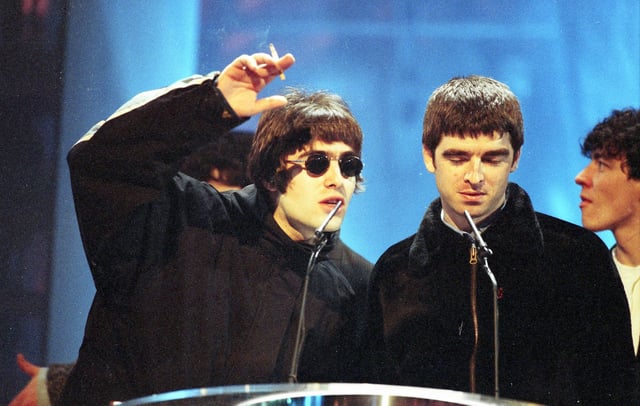 Liam and Noel Gallagher of Oasis attend The BRIT Awards 1995, Monday 20 February 1995, Alexandra Palace, London, England. (Photo by JMEnternational/Getty Images)