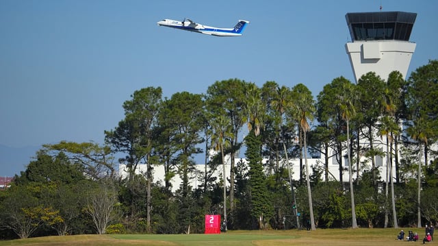 An airplane takes off from Miyazaki Airport on November 26, 2021.