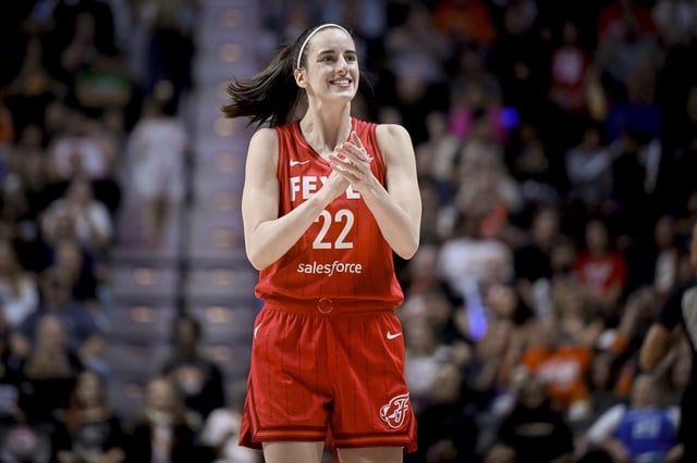 Indiana Fever guard Caitlin Clark (22) during a first-round WNBA basketball playoff game against the Connecticut Sun, on Sept. 25, 2024, in Uncasville, Conn.