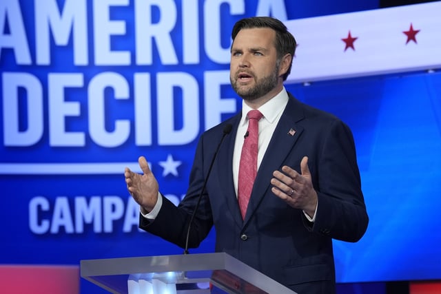 Republican vice presidential nominee Sen. JD Vance, R-Ohio, speaks during a vice presidential debate hosted by CBS News, with Democratic vice presidential candidate Minnesota Gov. Tim Walz, Tuesday, Oct. 1, 2024, in New York. (AP Photo/Matt Rourke)
