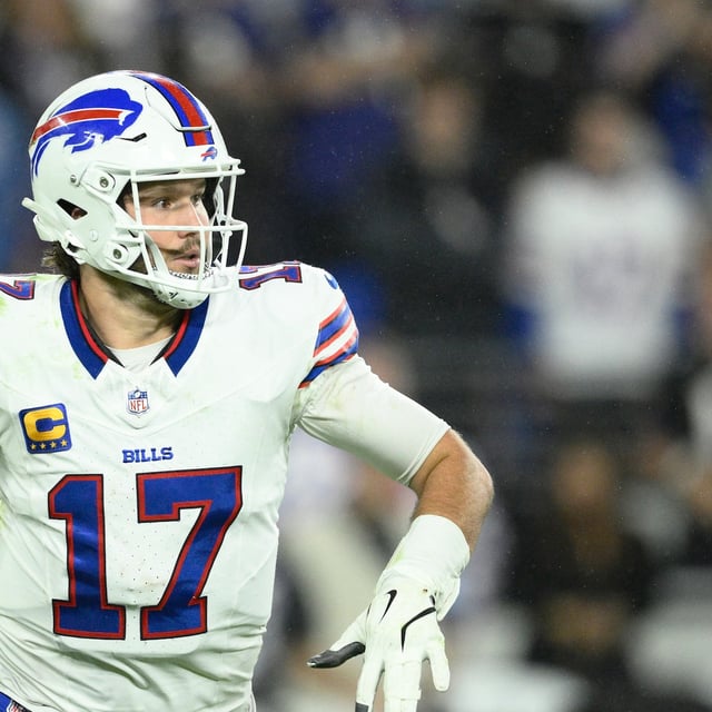Buffalo Bills quarterback Josh Allen (17) in action during the second half of an NFL football game against the Baltimore Ravens, Sunday, Sept. 29, 2024, in Baltimore. (AP Photo/Nick Wass)