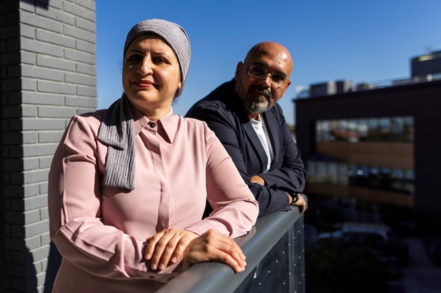 Reem Alyazouri and her husband, Ashraf Alyazouri, who escaped Gaza and reached Toronto, pose for a photograph in Toronto, Ontario, Canada, September 30, 2024. They remain anxious for her parents, who, like thousands of Palestinians, are stuck in Egypt awaiting delayed Canadian visas under a temporary residence program plagued by bureaucratic issues.  REUTERS/Carlos Osorio