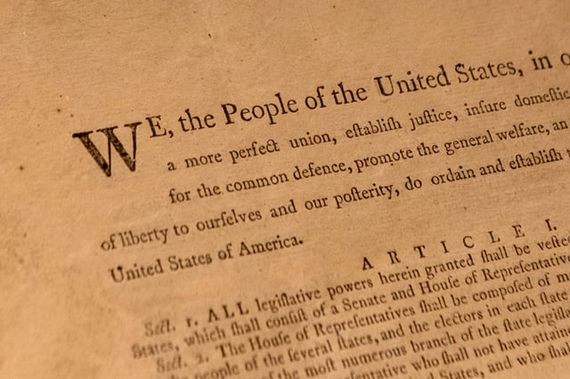 A close-up of the first printing of the final text of the U.S. Constitution, one of 11 known copies of the official printing produced for the delegates to Constitutional Convention and for the Continental Congress.