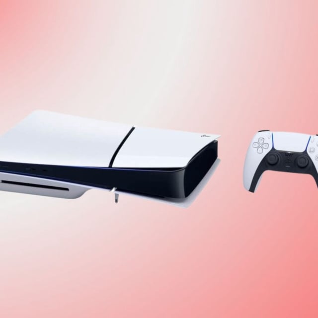PlayStation 5 and controller on pink background