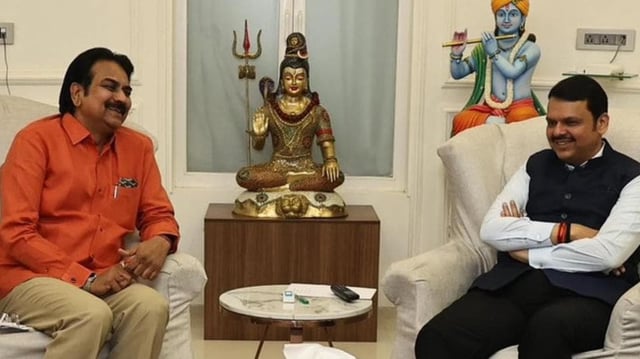 A file photo of Harshvardhan Patil with Maharashtra deputy CM and BJP leader Devendra Fadnavis. (HT)
