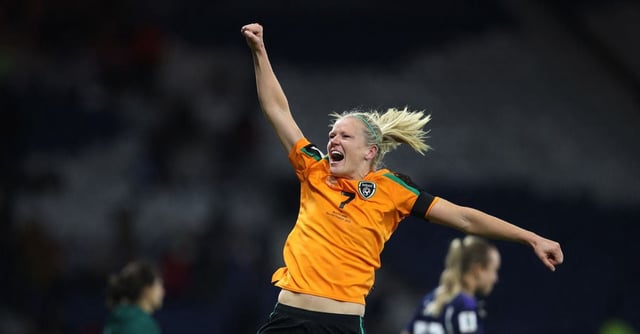FILE PHOTO:Soccer Football - FIFA Women's World Cup - UEFA Qualifiers - Scotland v Republic of Ireland - Hampden Park, Glasgow, Scotland, Britain - October 11, 2022 Republic of Ireland's Diane Caldwell celebrates winning the match to qualify for the 2023 FIFA Women's World Cup REUTERS/Molly Darlington/File Photo