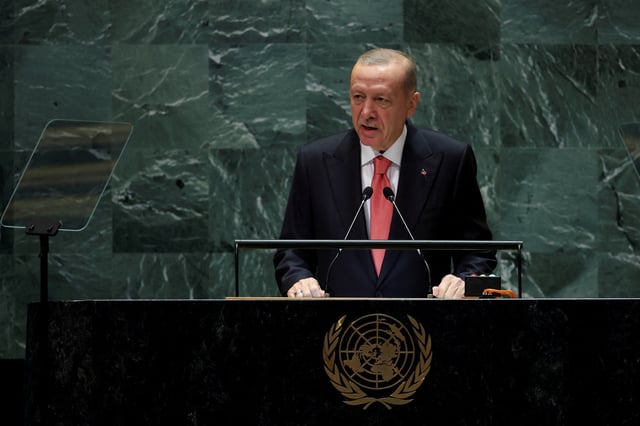 Turkey's President Tayyip Erdogan addresses the 79th United Nations General Assembly at U.N. headquarters in New York, U.S., September 24, 2024.  REUTERS/Mike Segar/ File Photo