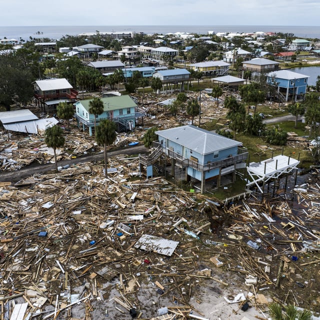 An aerial view of damaged houses are seen after Hurricane Helene made landfall in Horseshoe Beach, Florida, on September 28, 2024. The state's largest insurer has warned its policyholders to prepare themselves ahead of Hurricane Milton.