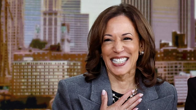 Democratic presidential nominee and U.S. Vice President Kamala Harris reacts, as she appears on ABC's The View in New York, U.S., October 8, 2024. 