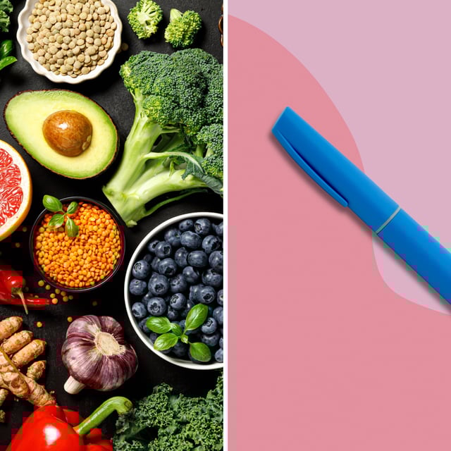Healthy food next to an injectable semaglutide pen on a pink background. Participants in a recent survey indicated that they would prefer to lose weight by changing their diets, rather than taking weight loss medication such as semaglutide—the active ingredient in Ozempic and Wegovy.