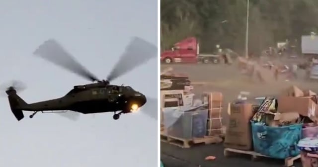 These X screen shots show a North Carolina National Guard Black Hawk (L) and the damage it caused by rotor washing (R). (@hartgoat / X Screen Shot)