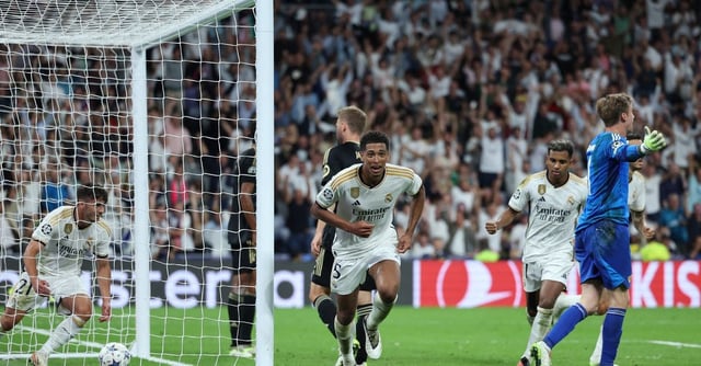 Soccer Football - Champions League - Group C - Real Madrid v 1. FC Union Berlin - Santiago Bernabeu, Madrid, Spain - September 20, 2023  Real Madrid's Jude Bellingham celebrates scoring their first goal REUTERS/Isabel Infantes