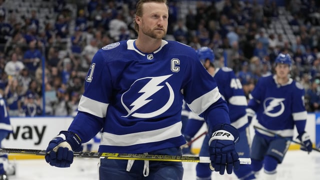 FILE - Tampa Bay Lightning center Steven Stamkos (91) skates before Game 3 of an NHL hockey Stanley Cup first-round playoff series against the Toronto Maple Leafs, Saturday, April 22, 2023, in Tampa, Fla. Lightning captain Steven Stamkos says he is disappointed about the lack of discussions with the team about a new contract as players report for training camp. Stamkos' current $68 million, eight-year deals ends after the upcoming season. (AP Photo/Chris O'Meara, File)