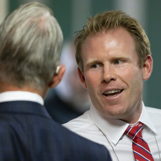 Andrew Giuliani (R) talks with former U.S. Rep. Trey Gowdy at former U.S. President Donald Trump's criminal trial at Manhattan Criminal Court on May 28, 2024 in New York City.  On October 9, 2024, Andrew Giuliani filed a motion in court in an effort to stop his father's World Series rings from being seized.