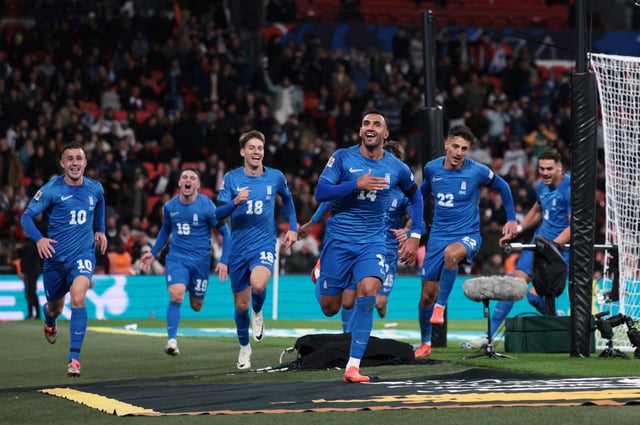 Soccer Football - UEFA Nations League - Group B2 - England v Greece - Wembley Stadium, London, Britain - October 10, 2024 Greece's Vangelis Pavlidis celebrates scoring their second goal with teammates Action Images via Reuters/Paul Childs