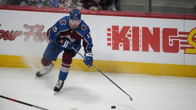FILE - Colorado Avalanche right wing Valeri Nichushkin (13) in the third period of an NHL hockey game, April 11, 2023, in Denver. Nichushkin deflected questions Thursday, Sept. 21, 2023, concerning his sudden absence from a playoff series last season for what the team explained was personal reasons. (AP Photo/David Zalubowski, File)