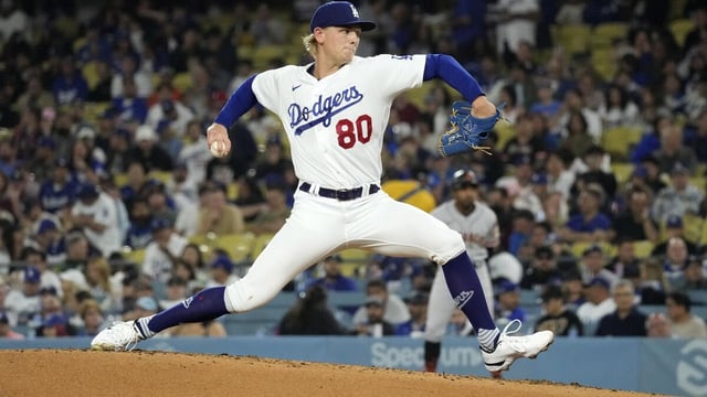 Los Angeles Dodgers starting pitcher Emmet Sheehan throws to the plate during the second inning of a baseball game against the San Francisco Giants Thursday, Sept. 21, 2023, in Los Angeles. (AP Photo/Mark J. Terrill)