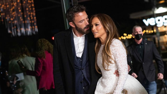  US actress Jennifer Lopez and actor Ben Affleck arrive for a special screening of Marry Me at the Directors Guild of America (DGA)