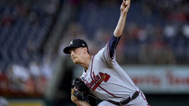 Atlanta Braves starting pitcher Max Fried throws during the first inning of the team's baseball game against the Washington Nationals at Nationals Park, Thursday, Sept. 21, 2023, in Washington. (AP Photo/Andrew Harnik)