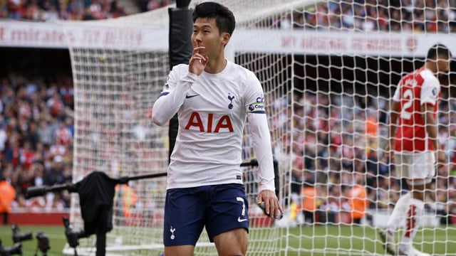 Tottenham's Son Heung-min celebrates after scoring his side's second goal during the English Premier League soccer match between Arsenal and Tottenham Hotspur at Emirates stadium in London, England, Sunday, Sept. 24, 2023. (AP Photo/David Cliff)