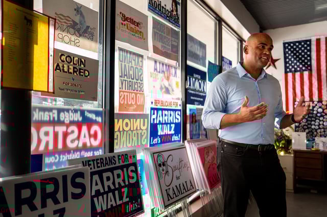 Rep. Colin Allred speaks during a campaign event that saw volunteers man phones on October 3, in San Antonio, Texas.