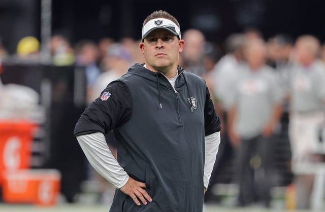 LAS VEGAS, NEVADA - SEPTEMBER 24: Head coach Josh McDaniels of the Las Vegas Raiders looks on during warmups before a game against the Pittsburgh Steelers at Allegiant Stadium on September 24, 2023 in Las Vegas, Nevada. The Steelers defeated the Raiders 23-18.