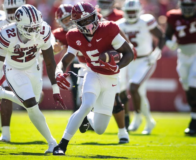 South Carolina linebacker Bam Martin-Scott (22) pursues Alabama wide receiver Germie Bernard (5) as he carries the ball during the first quarter at Bryant-Denny Stadium.