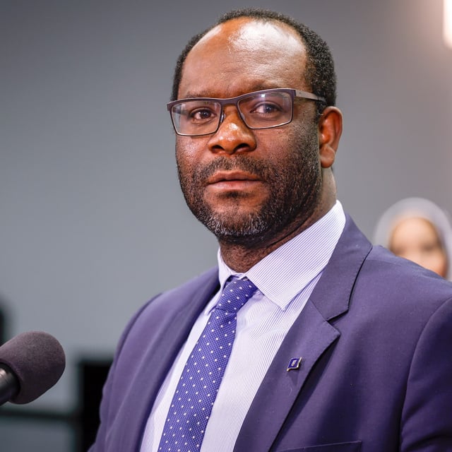 Kaycee Madu, Minister of Skilled Trades and Professions speaks at an announcement in Calgary, Alta., Friday, April 14, 2023. Former Alberta Justice Minister Kaycee Madu will be sanctioned by the provincial law society after it was determined he attempted to interfere in the administration of justice in 2021 when he phoned Edmonton's police chief immediately after receiving a traffic ticket. THE CANADIAN PRESS/Jeff McIntosh