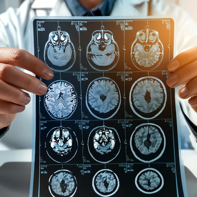 Photo of a doctor holding up a brain scan. Alzheimer's may progress in two distinct phases, new research suggests.
