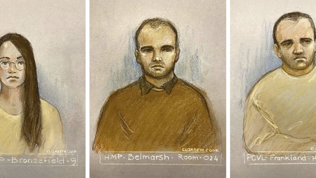 This comp of court artist sketches by Elizabeth Cook of Bulgarian nationals, left to right, Katrin Ivanova, Vanya Gaberova, Orlin Roussev, Ivan Stoyanov and Bizer Dzhambazov appearing via video link at Westminster Magistrates' Court, London, charged with spying for Russia, Tuesday Sept. 26, 2023. Five Bulgarians living in the U.K. who were charged with spying for Russia appeared Tuesday in court for a brief hearing. (Elizabeth Cook/PA via AP)