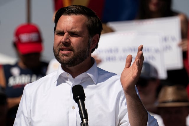 Republican U.S. vice presidential nominee Senator JD Vance speaks at Tucson Speedway in Tucson, Arizona, U.S. October 9, 2024. REUTERS/Go Nakamura/File Photo
